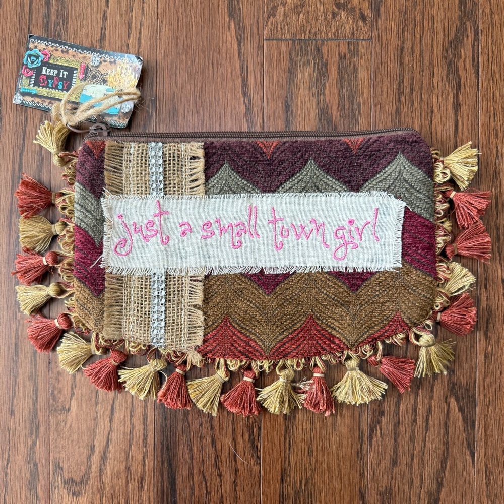 Keep It Gypsy Just a Small Town Girl Tassel Zip Pouch Bag Clutch NWT